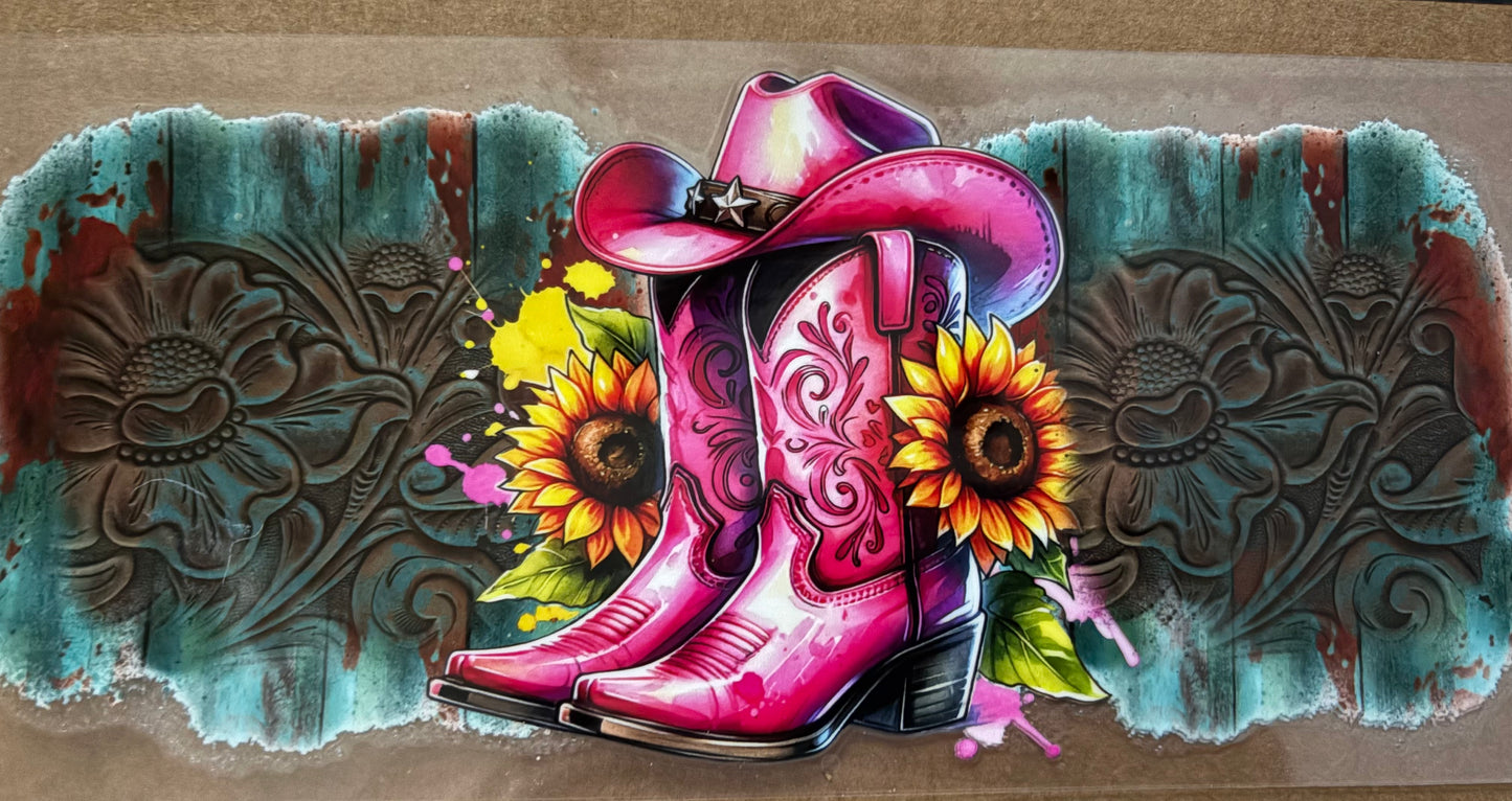 Pink cowgirl boots and flowers