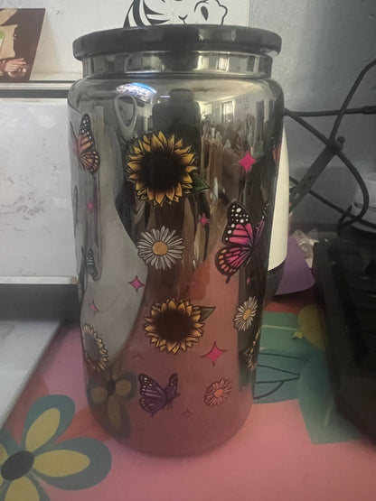 Sunflower Betty on black mirror glass cup