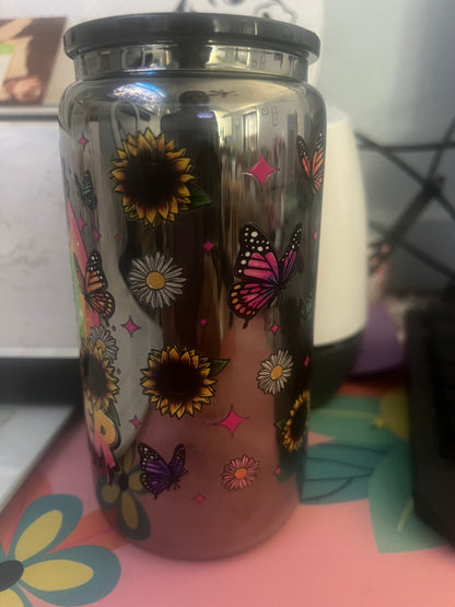 Sunflower Betty on black mirror glass cup